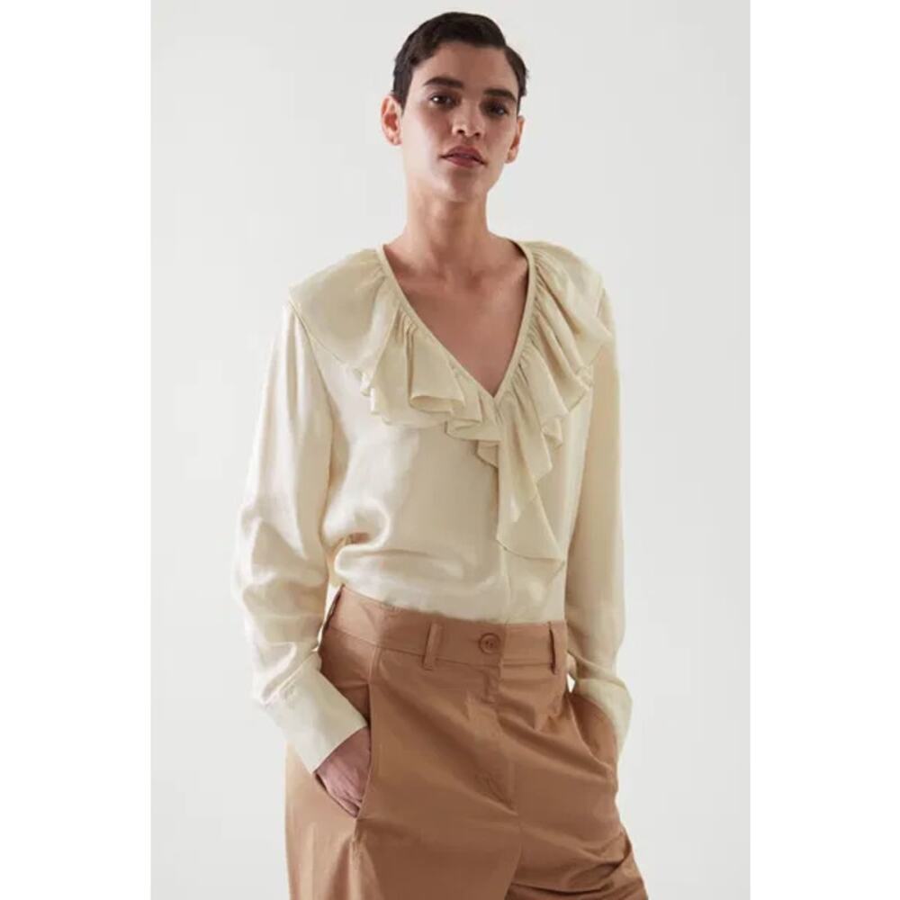 COS Women's Cream Ruffle-Trimmed V-Neck Blouse Top Size 14